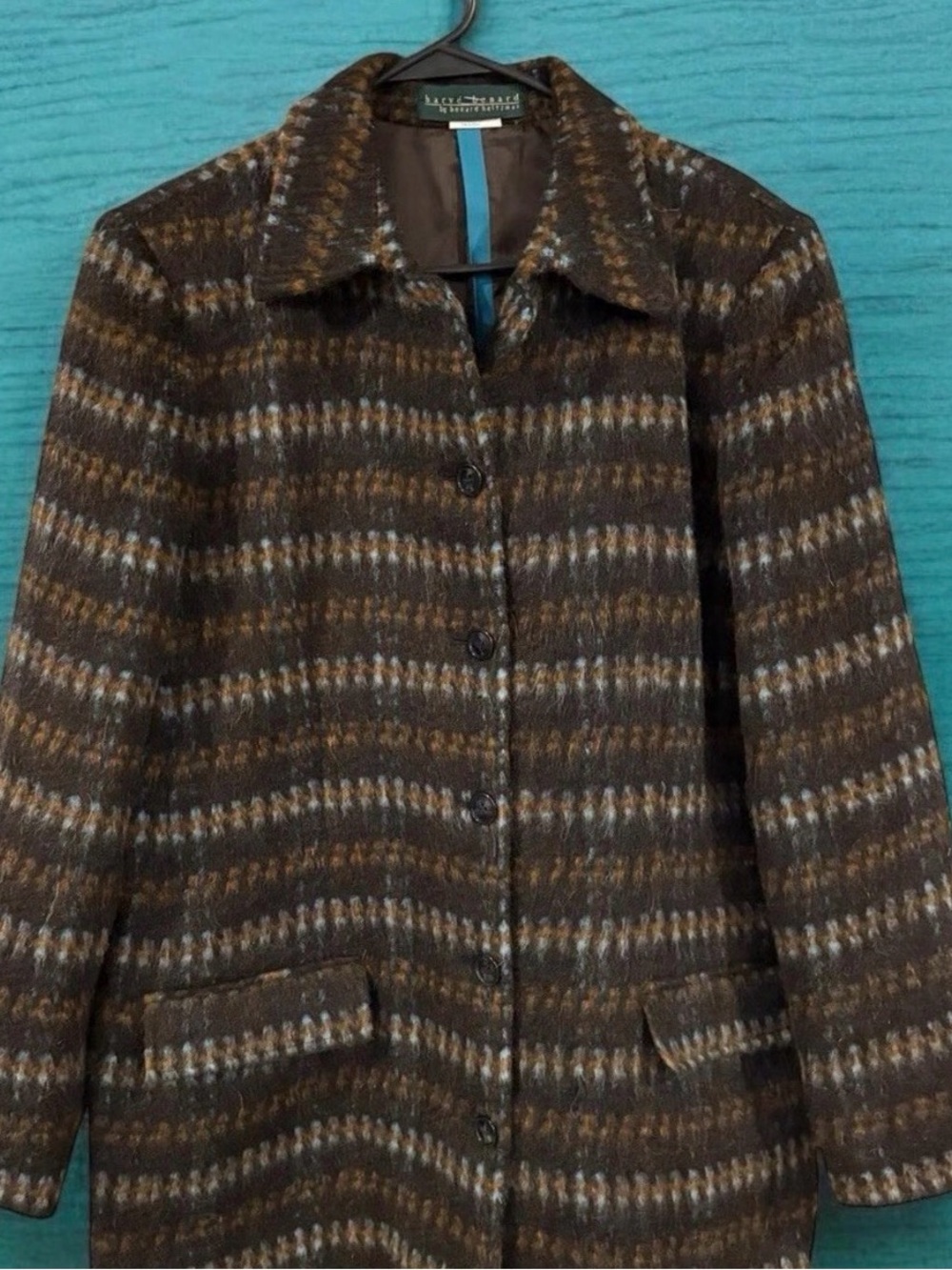 Harve Benard Brown Plaid Wool Coat with Blue Accent
